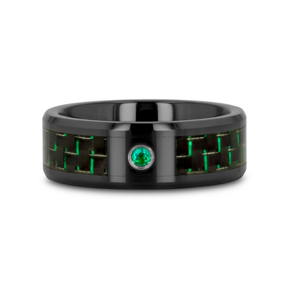 HADAR Black Ceramic Ring with Black and Green Carbon Fiber and Green Emerald Setting - 8mm