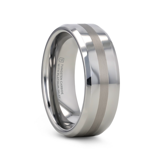 HALSTEN Platinum Inlaid Beveled Tungsten Carbide Wedding Ring - 6mm & 8mm