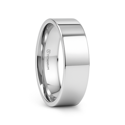 HARDY Polished Finish Flat Style Men’s Titanium Wedding Ring - 6mm & 8mm