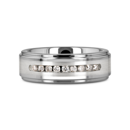 HARPER Tungsten Wedding Band with Raised Center & Brushed Silver Inlay and 9 Channel Set White Diamonds - 8mm
