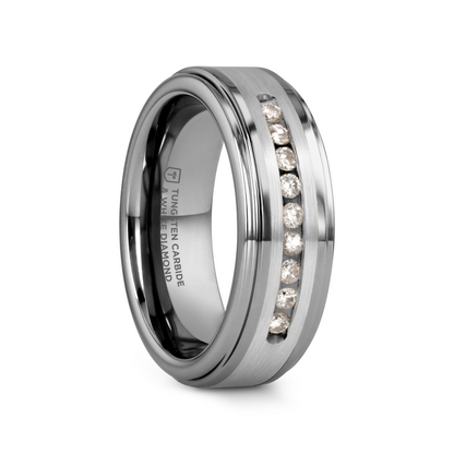 HARPER Tungsten Wedding Band with Raised Center & Brushed Silver Inlay and 9 Channel Set White Diamonds - 8mm