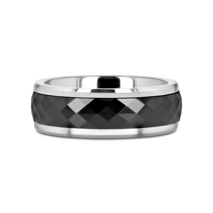 HICKOK Polished Diamond Faceted Black Ceramic Spinner Ring with Beveled Edges - 8mm