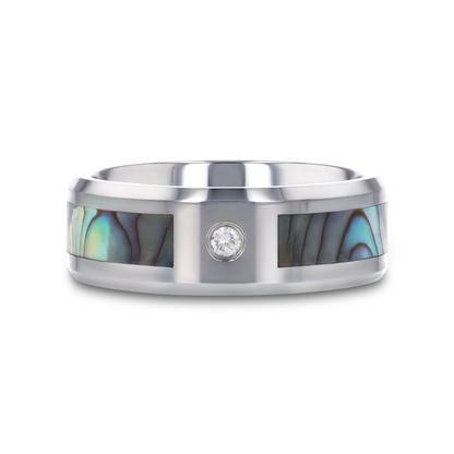 HONOLULU Mother of Pearl Inlay Tungsten Carbide Ring with Beveled Edges and White Diamond - 8mm