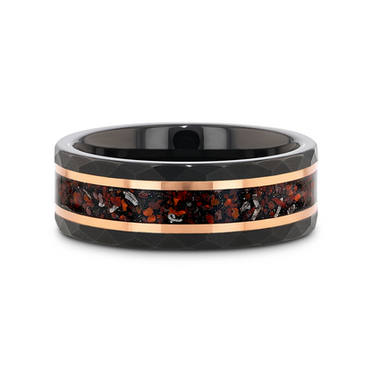 INFERNO Black/Rose Hammered Tungsten Carbide Ring with Dinosaur Bones and Meteorite - 8mm