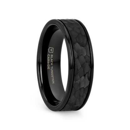 JOINER Hammered Finish Center Black Tungsten Carbide Wedding Band with Dual Offset Grooves and Polished Edges - 6mm or 8mm