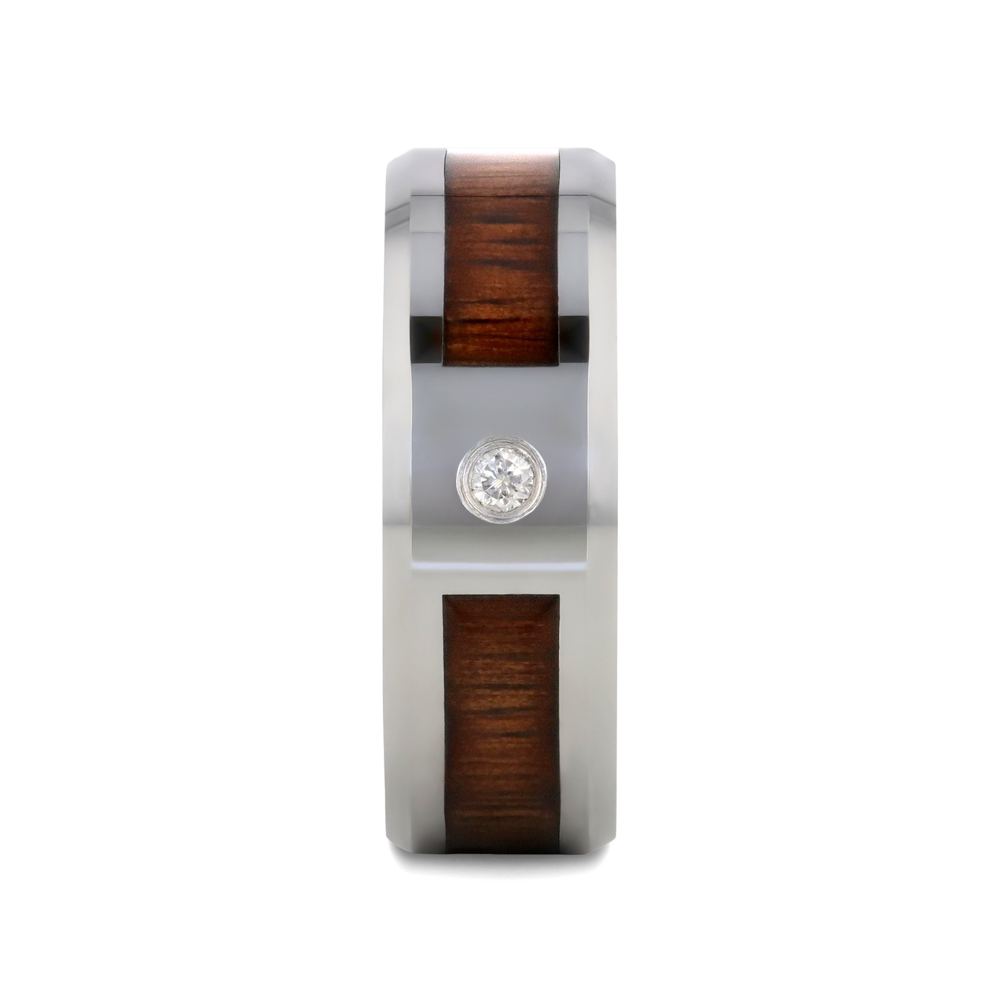 KAHUNA Tungsten Carbide Beveled Edged Diamond Wedding Band with Koa Wood Inlay & Polished Edges - 8mm