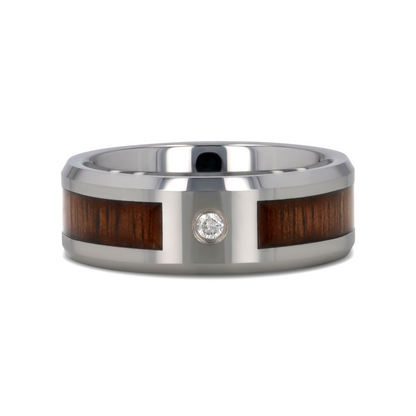 KAHUNA Tungsten Carbide Beveled Edged Diamond Wedding Band with Koa Wood Inlay & Polished Edges - 8mm