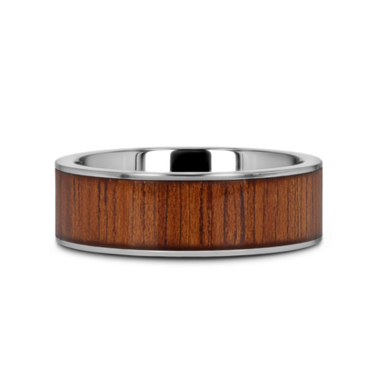 KALANI Flat Tungsten Carbide Wedding Band with Rare Koa Wood Inlay and Polished Edges - 6mm - 10mm