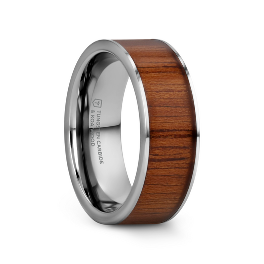 KALANI Flat Tungsten Carbide Wedding Band with Rare Koa Wood Inlay and Polished Edges - 6mm - 10mm