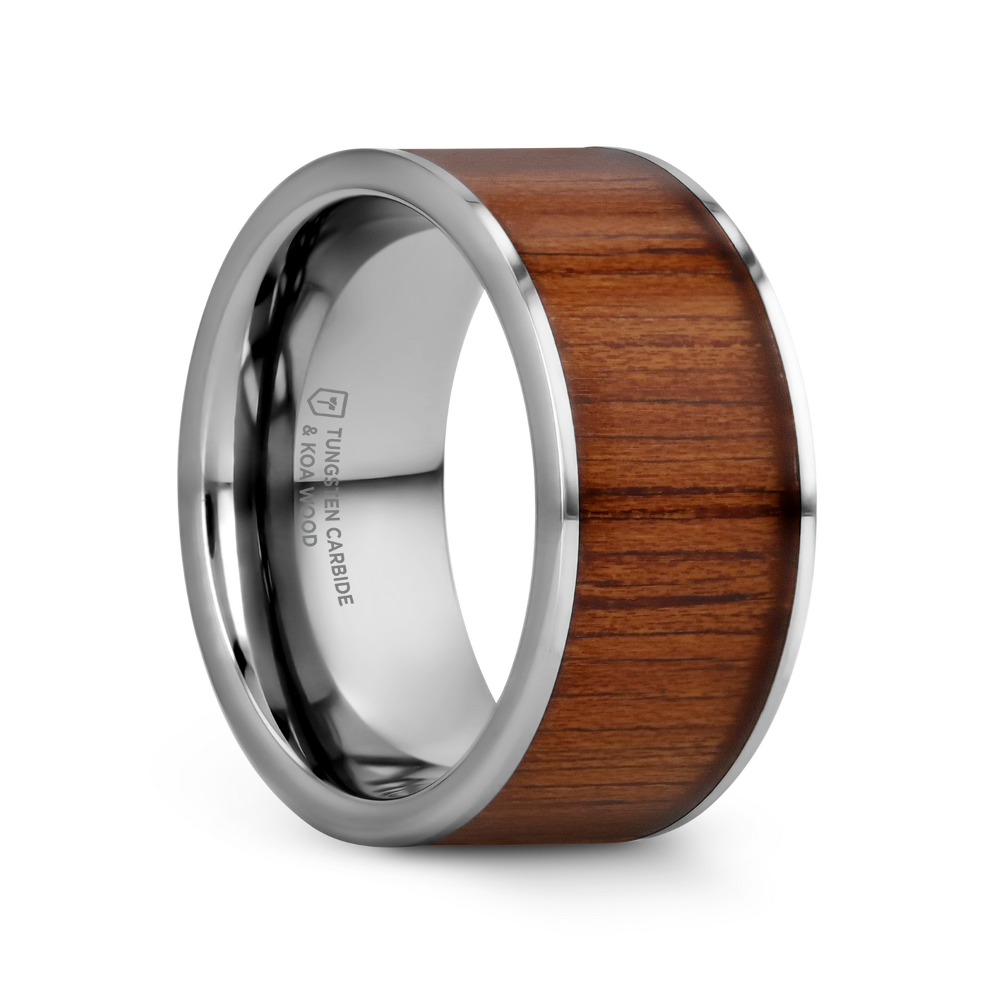 KALANI Flat Tungsten Carbide Wedding Band with Rare Koa Wood Inlay and Polished Edges - 6mm - 10mm