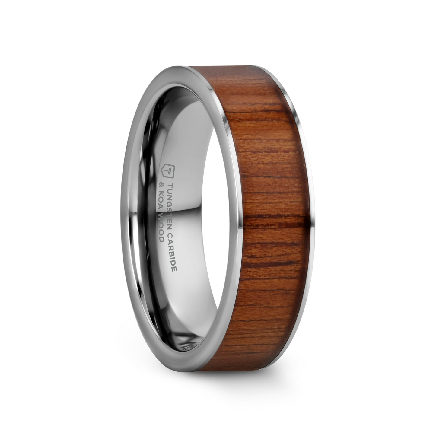 KALANI Flat Tungsten Carbide Wedding Band with Rare Koa Wood Inlay and Polished Edges - 6mm - 10mm