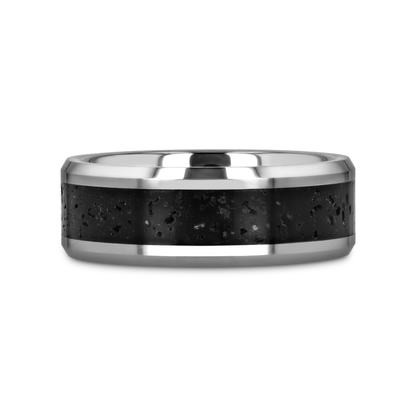 KILAUEA Men’s Polished Tungsten Wedding Band with Black & Gray Lava Rock Stone Inlay & Polished Beveled Edges - 8mm