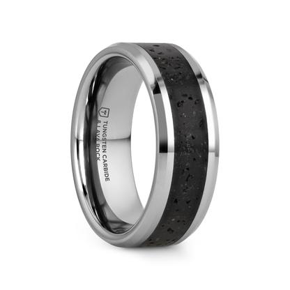 KILAUEA Men’s Polished Tungsten Wedding Band with Black & Gray Lava Rock Stone Inlay & Polished Beveled Edges - 8mm