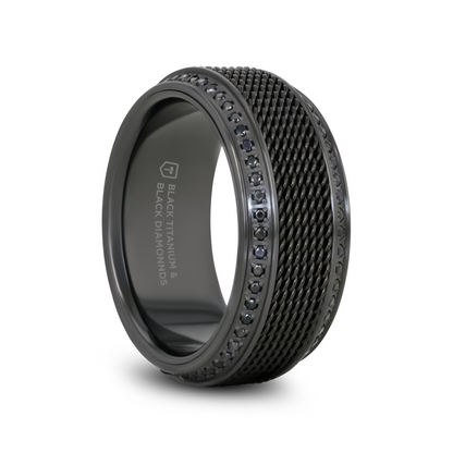 KNIGHT Steel Chain Black Titanium Wedding Ring Polished Beveled Edges Set with Round Black Diamonds - 10mm