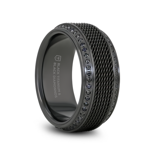 KNIGHT Steel Chain Black Titanium Wedding Ring Polished Beveled Edges Set with Round Black Diamonds - 10mm