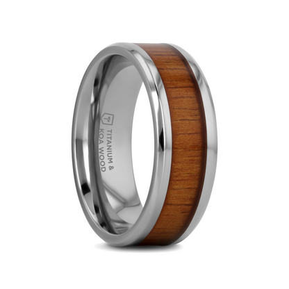 KOAN Titanium Polished Finish Koa Wood Inlaid Men’s Wedding Ring with Beveled Edges - 6mm & 8mm