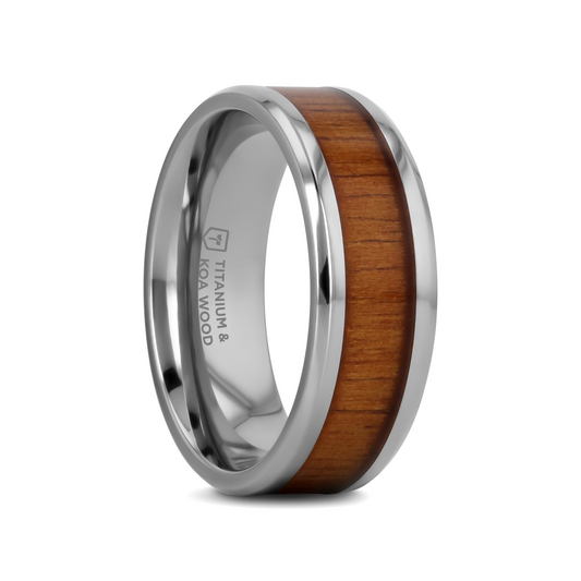 KOAN Titanium Polished Finish Koa Wood Inlaid Men’s Wedding Ring with Beveled Edges - 6mm & 8mm