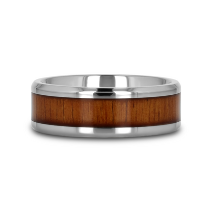 KOAN Titanium Polished Finish Koa Wood Inlaid Men’s Wedding Ring with Beveled Edges - 6mm & 8mm