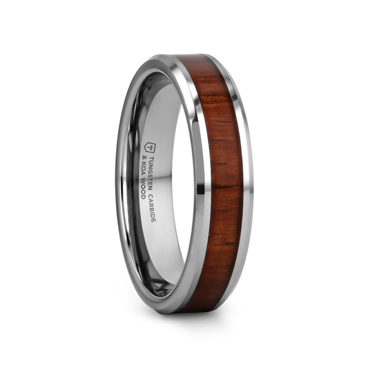 KONA Koa Wood Inlaid Tungsten Carbide Ring with Bevels - 4mm - 7mm
