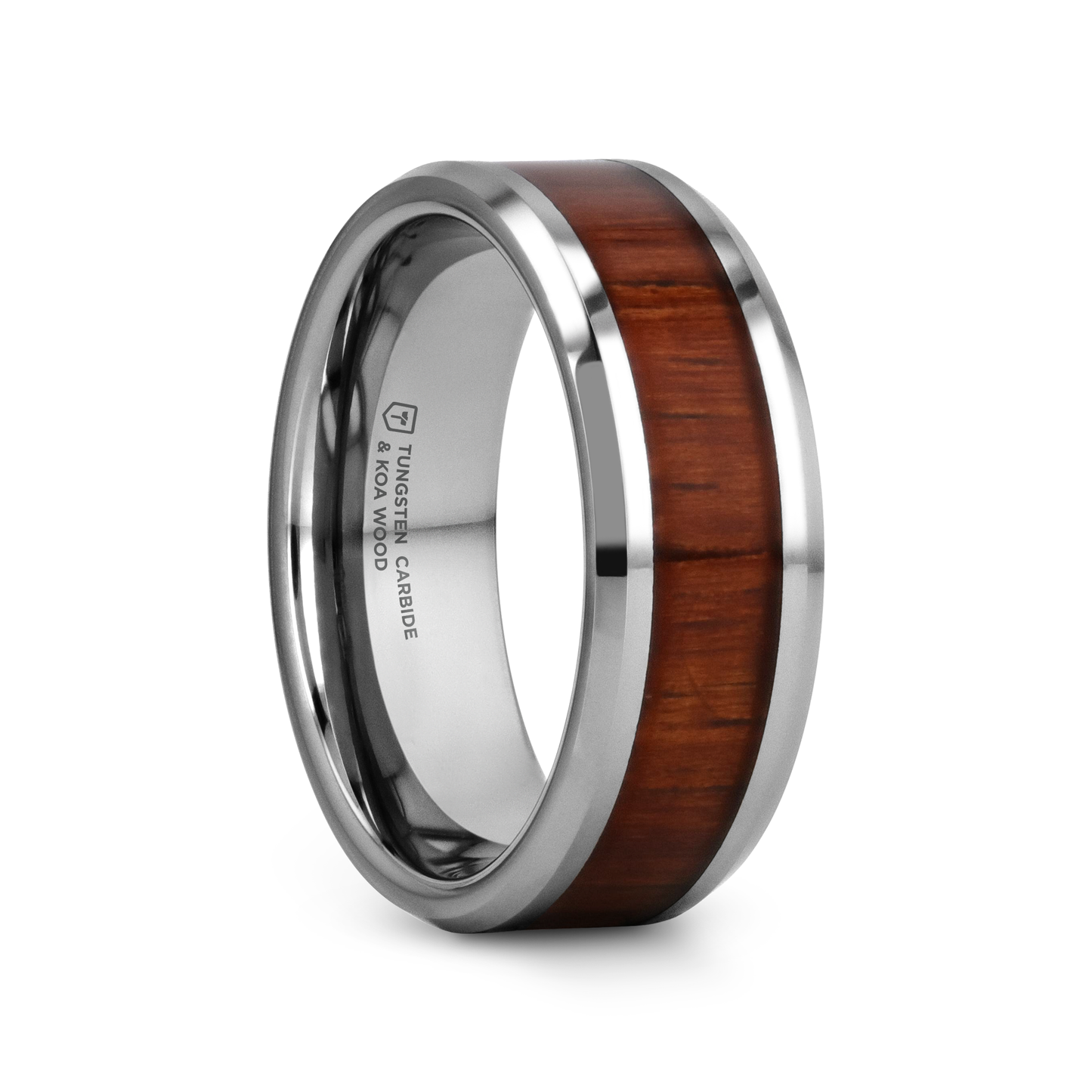 KONA Koa Wood Inlaid Tungsten Carbide Ring with Bevels - 8mm - 12mm
