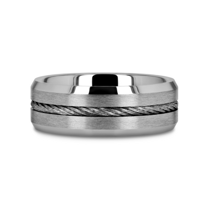 LANNISTER Men’s Tungsten Flat Wedding Band with Steel Wire Cable Inlay & Beveled Edges - 8mm
