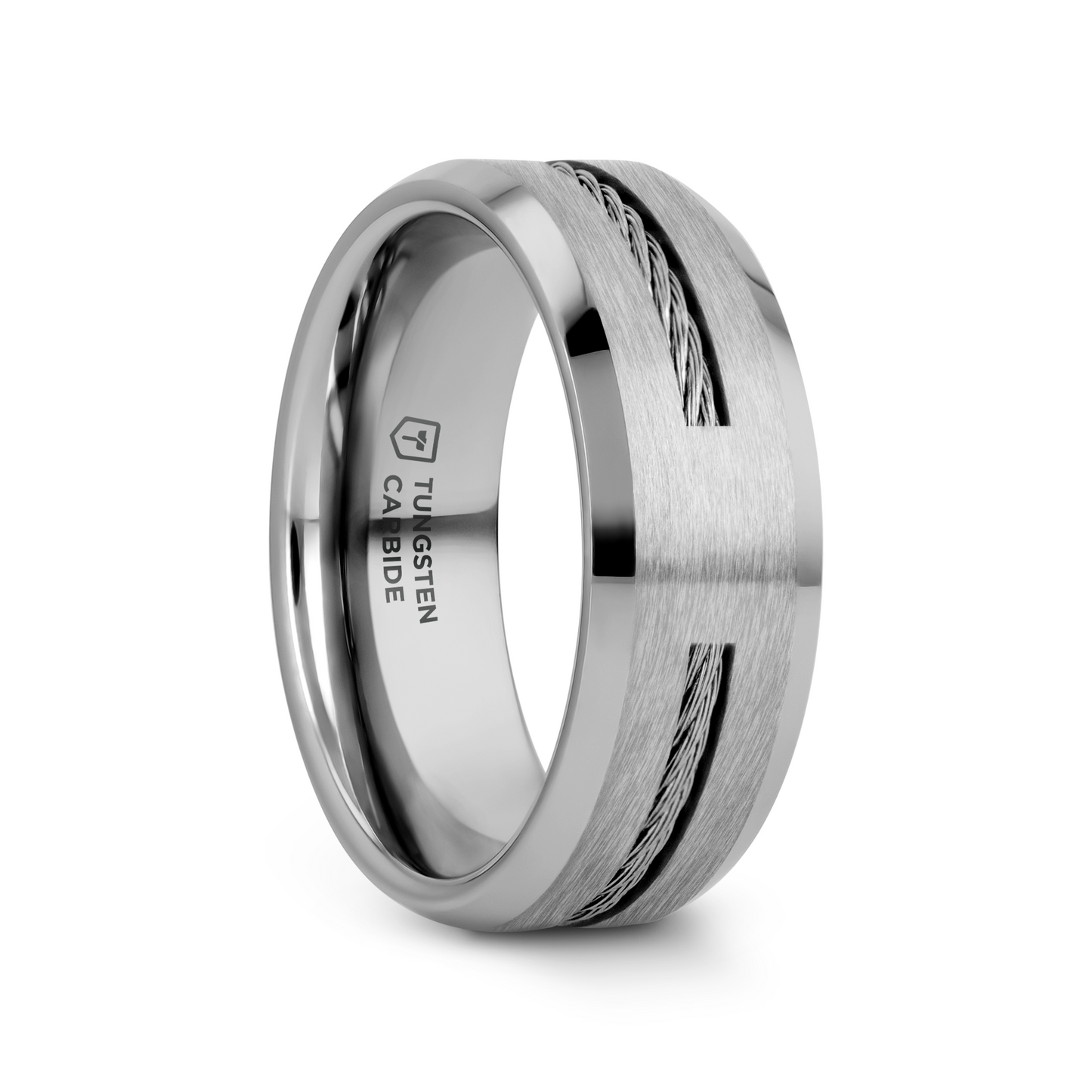 LANNISTER Men’s Tungsten Flat Wedding Band with Steel Wire Cable Inlay & Beveled Edges - 8mm