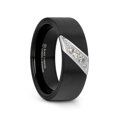 LIAM Flat Black Satin Finished Tungsten Carbide Wedding Band with Diagonal Diamonds Set in Stainless Steel - 8 mm