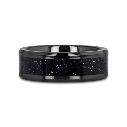 MELO Black Ceramic Beveled Polished Men’s Wedding Band with Purple Goldstone Inlay - 8mm