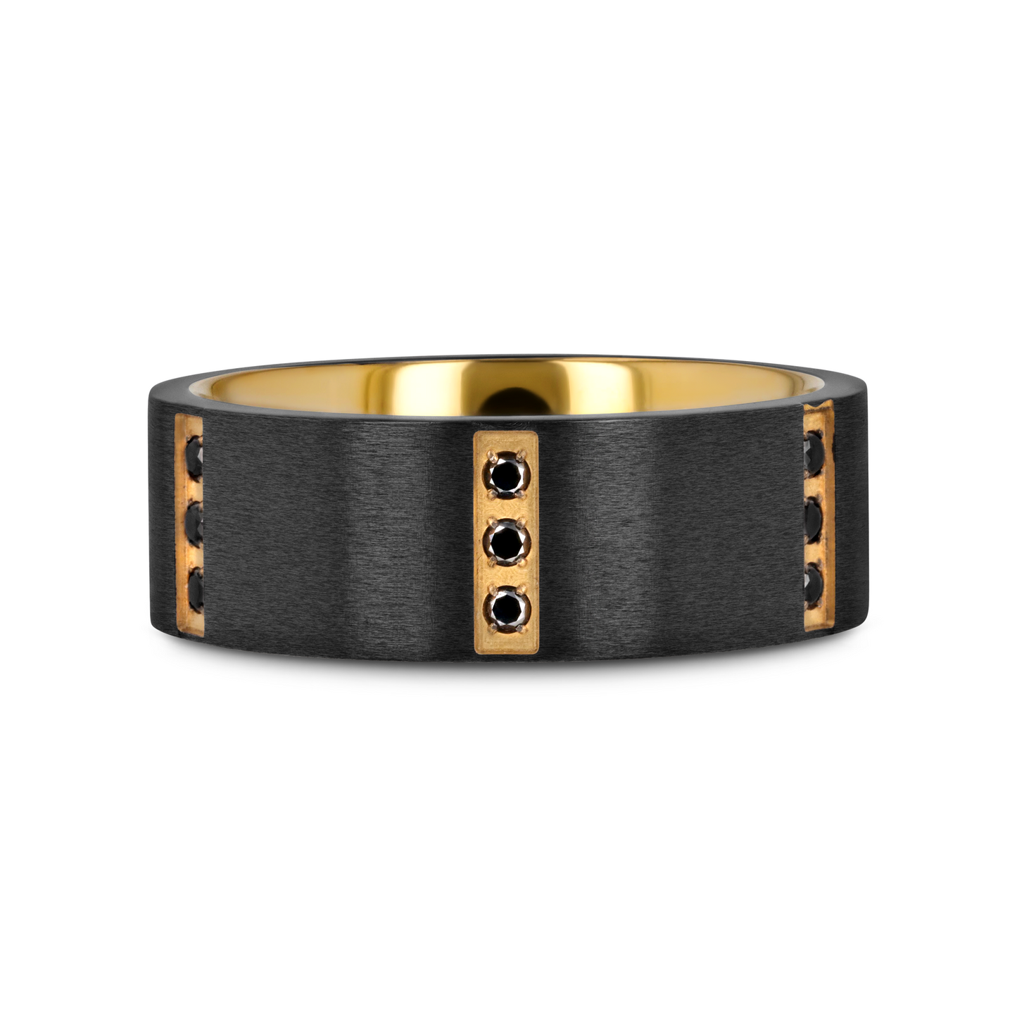 MURAMASA Flat Brushed Black Titanium Ring Gold Plated Inside with 6 Gold Plated Stainless Steel Bezels Triple Black Diamond Setting - 8mm