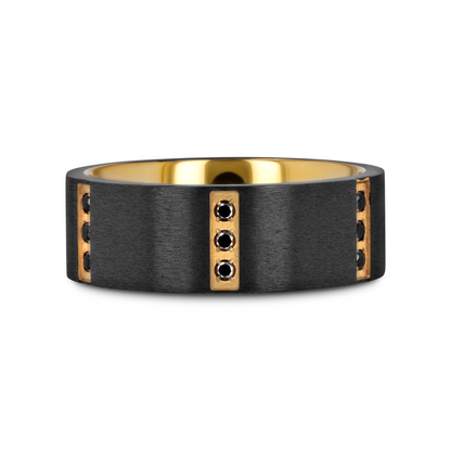 MURAMASA Flat Brushed Black Titanium Ring Gold Plated Inside with 6 Gold Plated Stainless Steel Bezels Triple Black Diamond Setting - 8mm