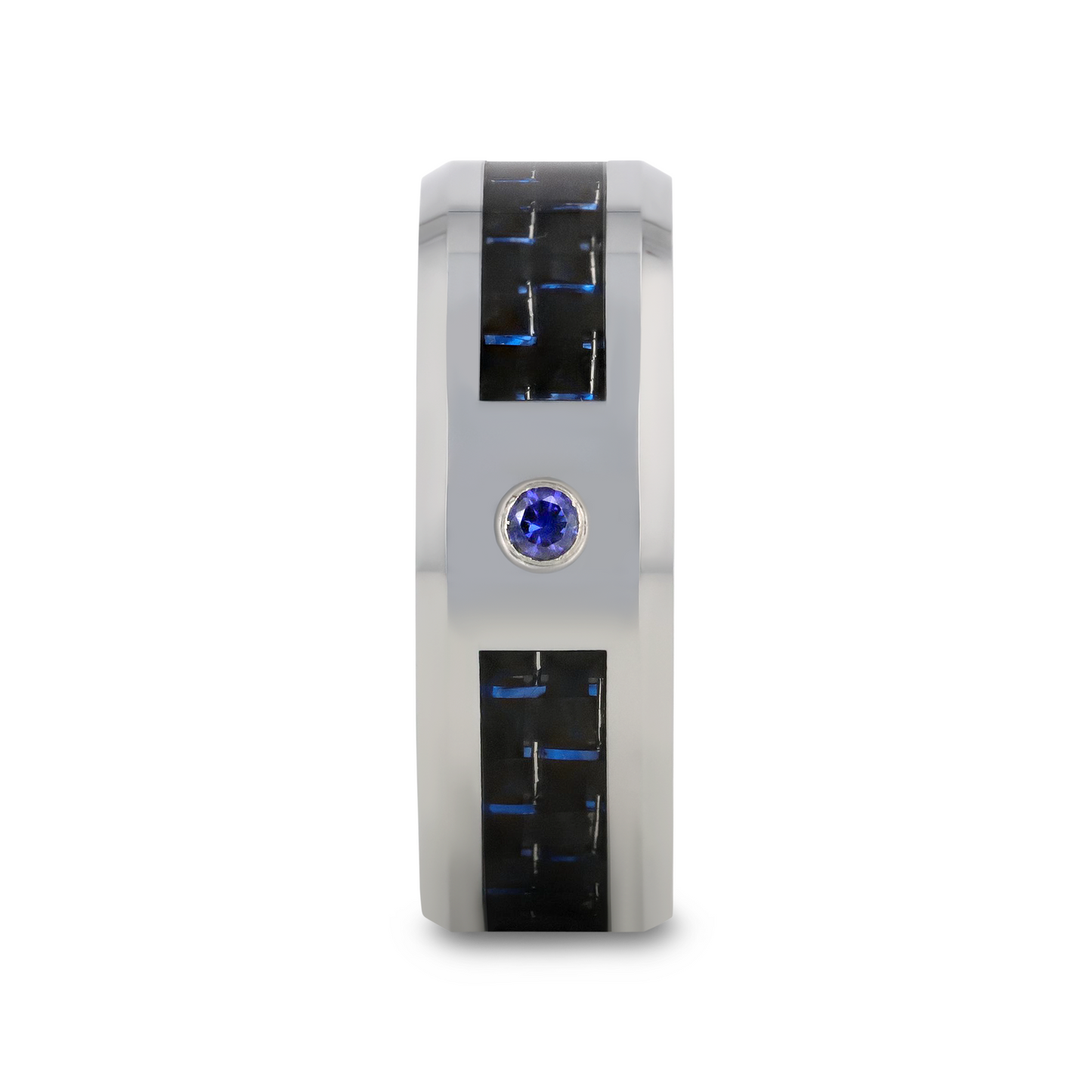 NEPTUNE Tungsten Carbide Ring with Black and Blue Carbon Fiber and Blue Sapphire Setting with Bevels - 8mm