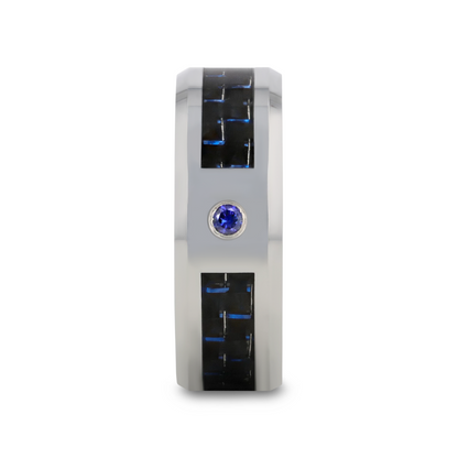 NEPTUNE Tungsten Carbide Ring with Black and Blue Carbon Fiber and Blue Sapphire Setting with Bevels - 8mm