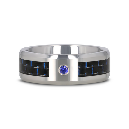 NEPTUNE Tungsten Carbide Ring with Black and Blue Carbon Fiber and Blue Sapphire Setting with Bevels - 8mm