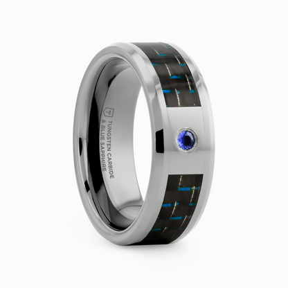 NEPTUNE Tungsten Carbide Ring with Black and Blue Carbon Fiber and Blue Sapphire Setting with Bevels - 8mm