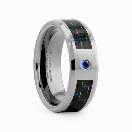 NEPTUNE Tungsten Carbide Ring with Black and Blue Carbon Fiber and Blue Sapphire Setting with Bevels - 8mm