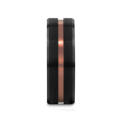 NEVAN Flat Brushed Black Tungsten Men’s Wedding Band with Espresso Groove Center - 8mm