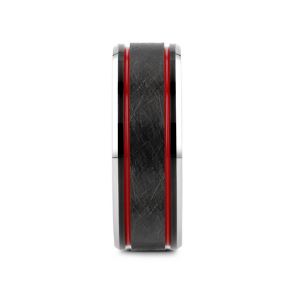 OLIS Wire Finish Centered Black Tungsten Men's Wedding Band With Double Red Stripe Polished Beveled Edges - 8mm