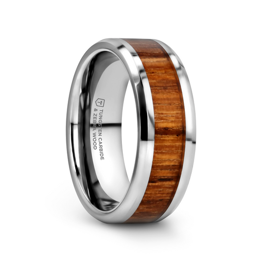 PALMALETTO Tungsten Carbide Ring with Beveled Edges and Real Zebra Wood Inlay - 8mm - 10mm