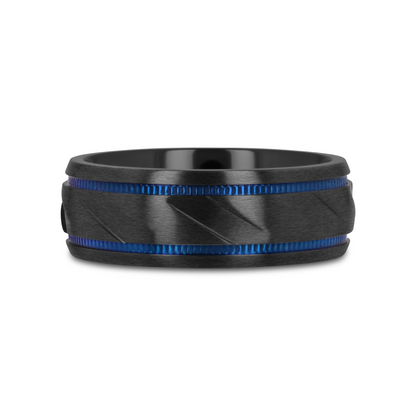 PATROL Black Titanium Carved Diagonal Pattern Brushed Finish Men’s Wedding Ring with Blue Milgrain Grooves – 8mm