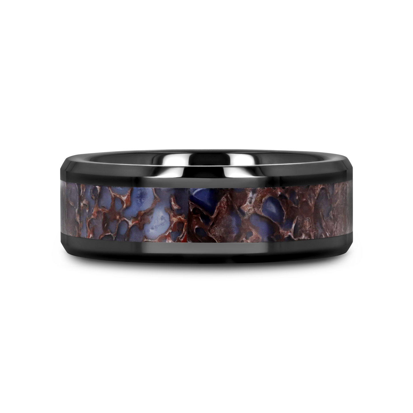 PERMIAN Blue Dinosaur Bone Inlaid Black Ceramic Beveled Edged Ring - 4mm or 8mm