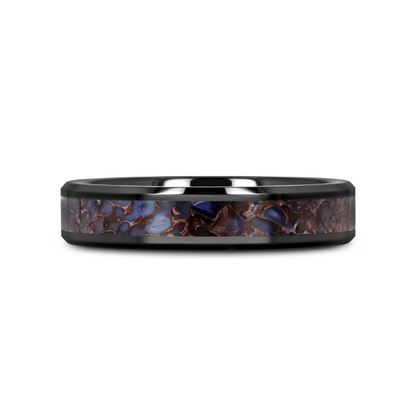 PERMIAN Blue Dinosaur Bone Inlaid Black Ceramic Beveled Edged Ring - 4mm or 8mm