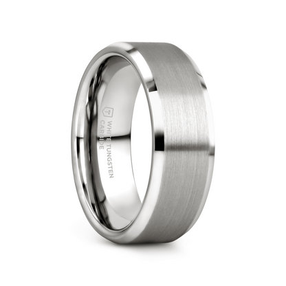 PETERSBURG Brushed Center White Tungsten Ring with Beveled Edges - 4mm - 10mm