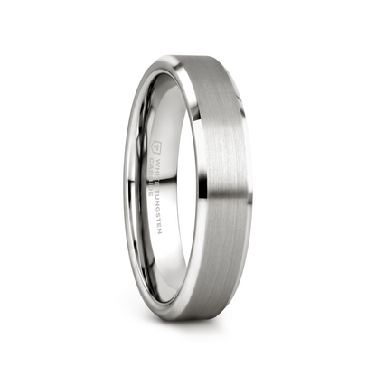 PETERSBURG Brushed Center White Tungsten Ring with Beveled Edges - 4mm - 10mm