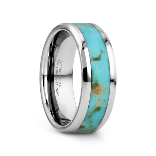 PIERRE Men’s Polished Tungsten Wedding Band with Light Blue Turquoise Stone Inlay & Polished Beveled Edges - 8mm