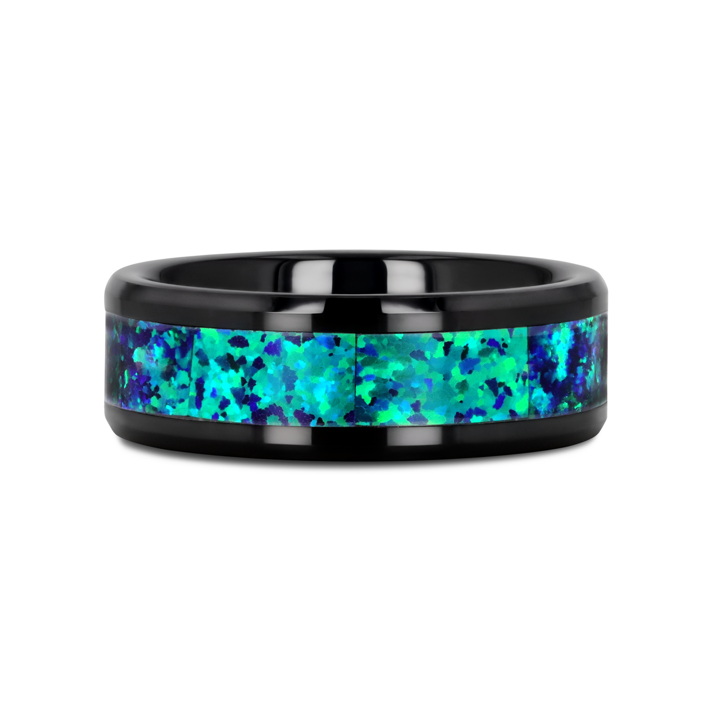 PULSAR Black Ceramic Wedding Band with Beveled Edges and Emerald Green & Sapphire Blue Color Opal Inlay - 6mm or 8 mm