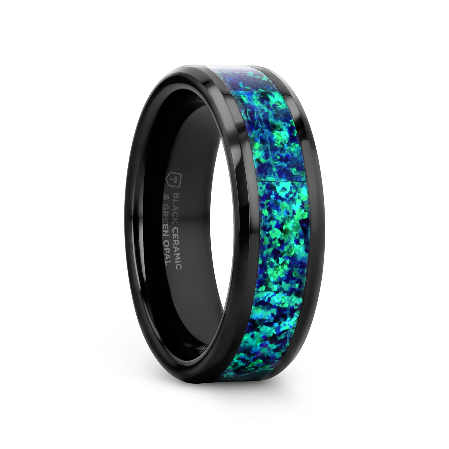 PULSAR Black Ceramic Wedding Band with Beveled Edges and Emerald Green & Sapphire Blue Color Opal Inlay - 6mm or 8 mm