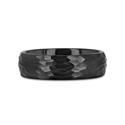 RAGNAROK Domed Hammer Finish Black Ceramic Wedding Band with Brushed Finish - 6mm & 8mm