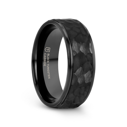 REBEL Raised Hammer Finish Step Edge Black Tungsten Carbide Wedding Band with Brushed Finish - 6mm or 8mm