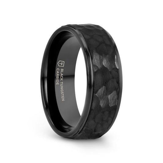 REBEL Raised Hammer Finish Step Edge Black Tungsten Carbide Wedding Band with Brushed Finish - 6mm or 8mm
