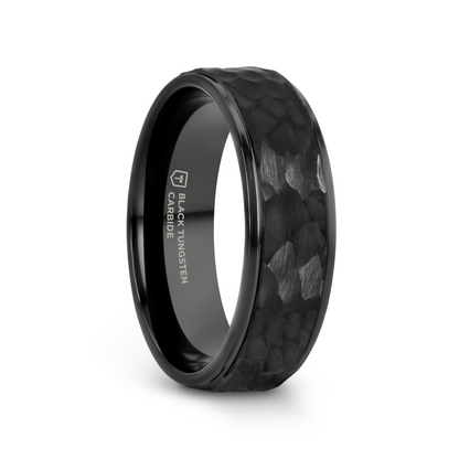 REBEL Raised Hammer Finish Step Edge Black Tungsten Carbide Wedding Band with Brushed Finish - 6mm or 8mm
